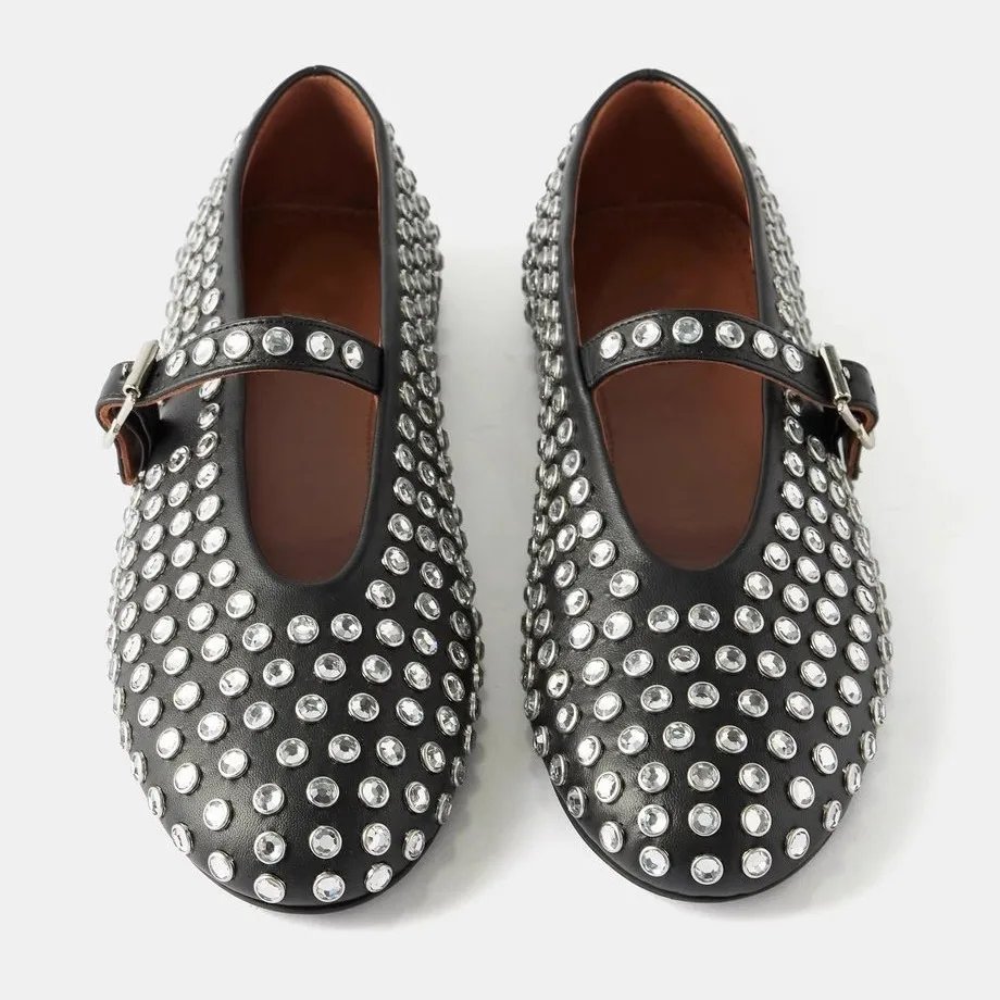 Sapatos Femininos com Strass e Fivela Dedo Redondo